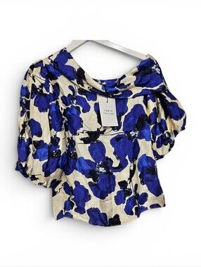 TANYA TAYLOR One-Shoulder Blue Floral Blouse with Balloon Sleeves